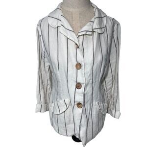 Modaspia White Linen Striped Blazer Jacket Small